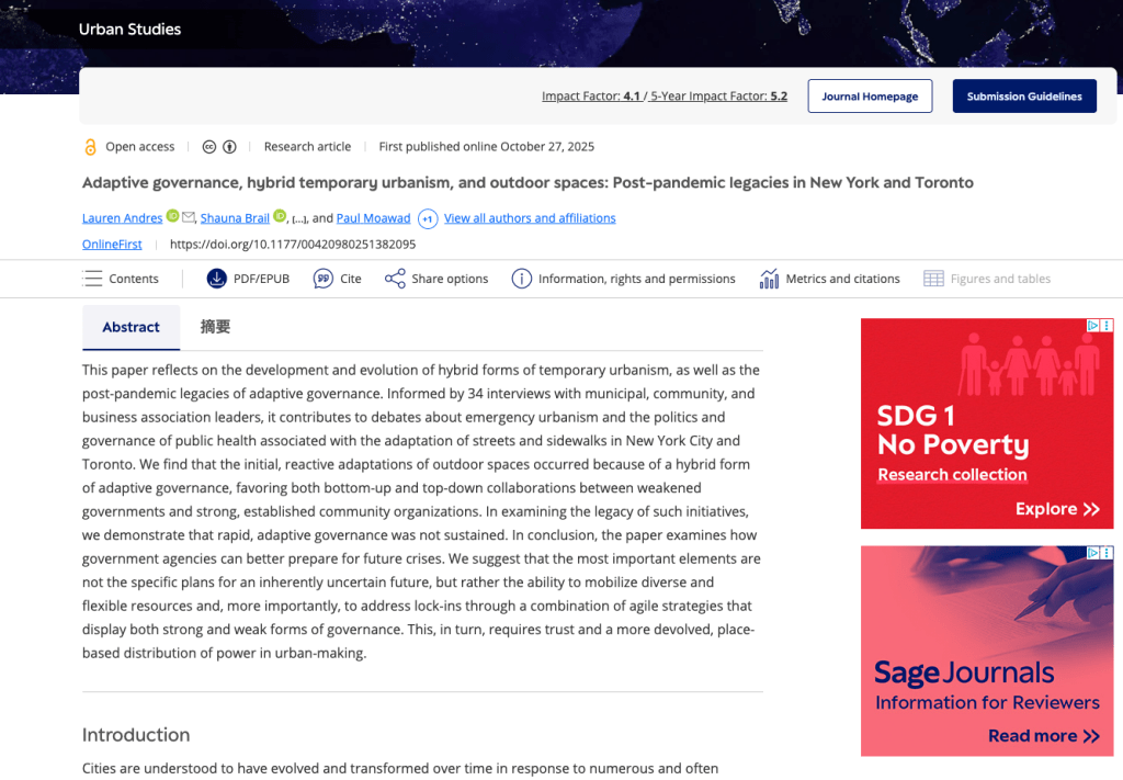 Adaptive governance, hybrid temporary urbanism, and outdoor spaces: Post-pandemic legacies in New York and Toronto